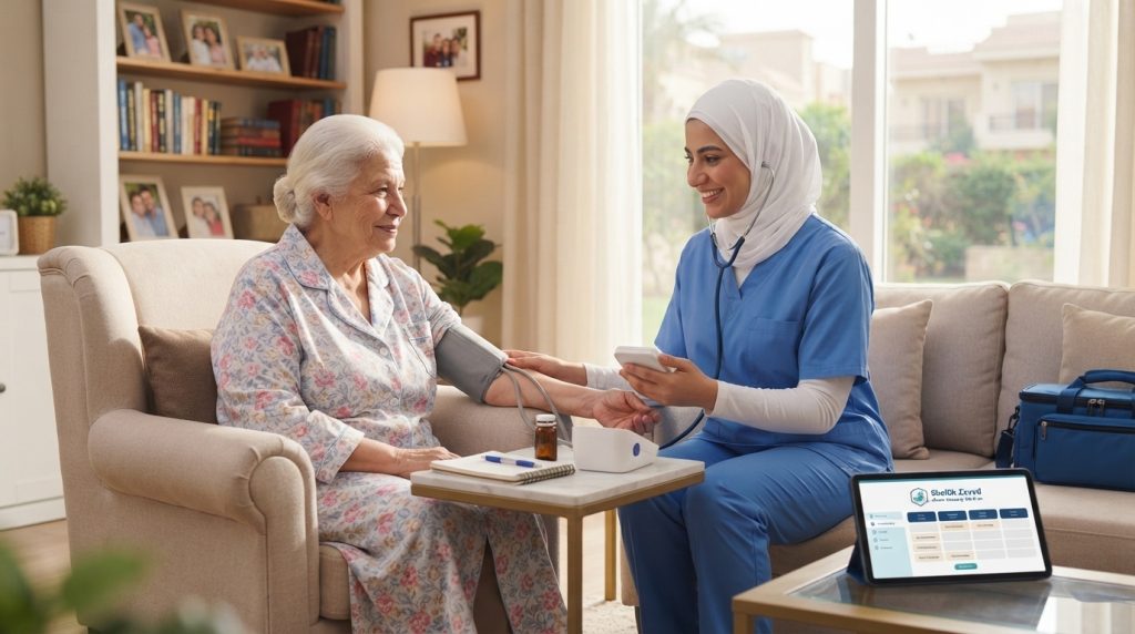 ممرضة منزلية توصل لعنوان أسرة في الهرم ضمن خدمة تمريض منزلي الهرم