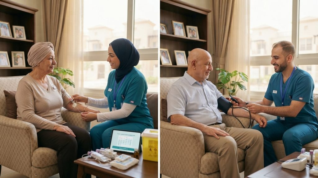 ممرضتان منزليتان تتابعان مريضين بالسرطان في زيارتين منفصلتين بالمنزل - تمريض منزلي لمرضى السرطان