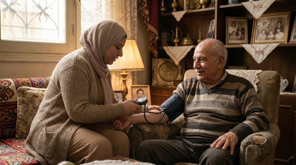 ممرضة منزلية تقيس ضغط الدم لرجل مسن مريض غسيل كلوي في غرفة المعيشة - تمريض منزلي لمريض الغسيل الكلوي