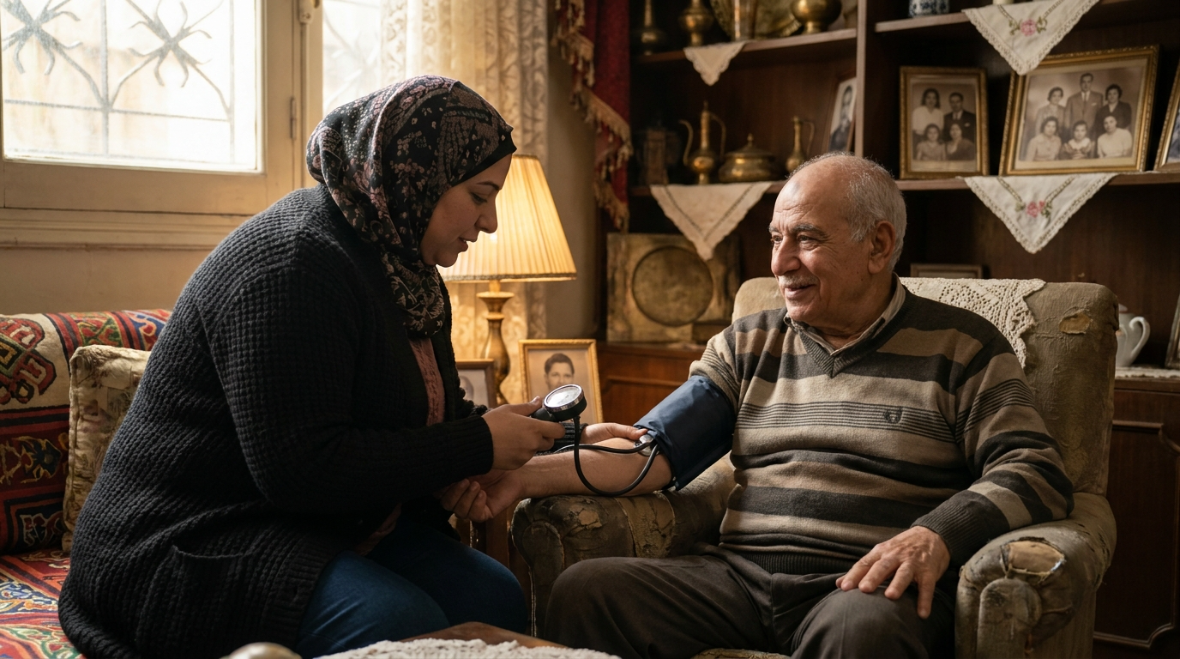 ممرضة تقيس ضغط رجل مسن مريض غسيل كلوي وهو جالس مبتسم في بيته - متابعة مريض الغسيل الكلوي بالمنزل