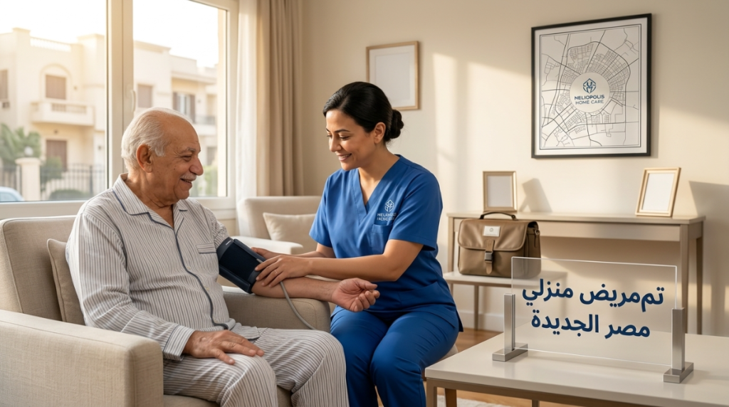 ممرضة منزلية تقيس ضغط رجل مسن مع عبارة تمريض منزلي مصر الجديدة - تمريض منزلي مصر الجديدة