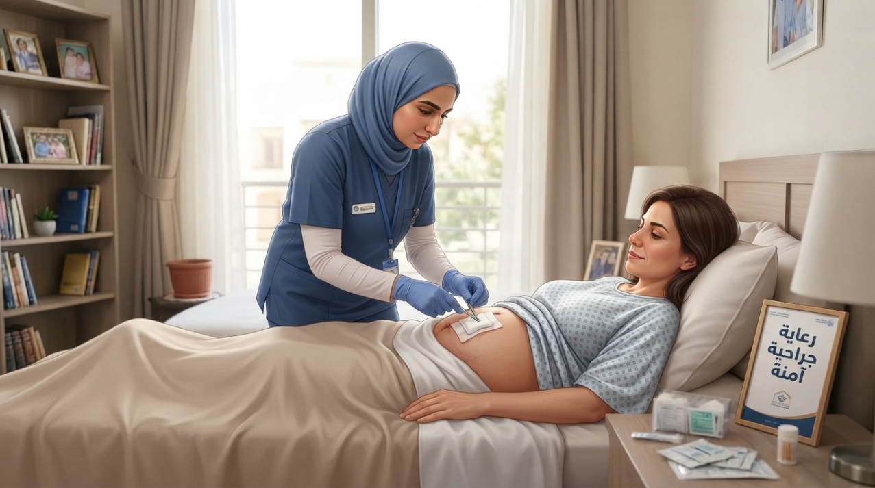 ممرضة منزلية تغير على جرح عملية قيصرية لسيدة في بيتها - جرح العملية القيصرية