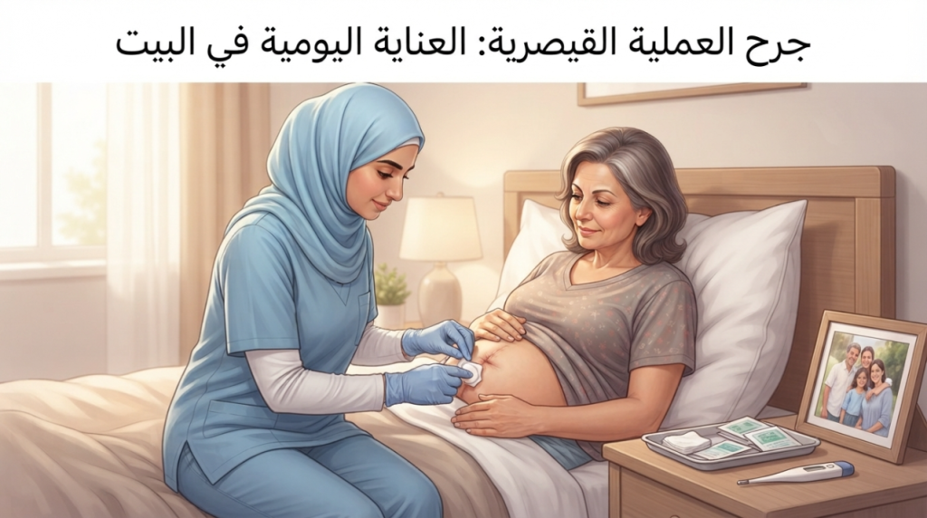 رسم توضيحي لممرضة تفحص جرح عملية قيصرية لسيدة في سريرها بالبيت - جرح العملية القيصرية