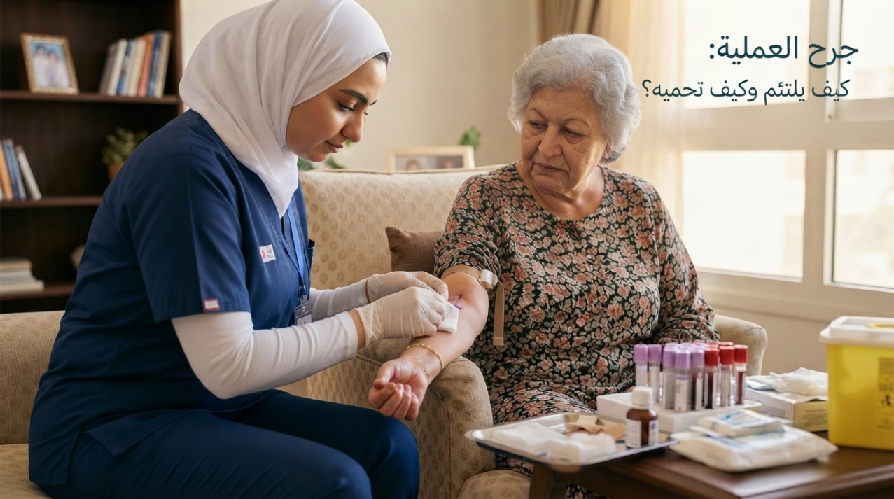 ممرضة منزلية تغير على جرح في ذراع سيدة مسنة وأمامها أدوات معقمة - جرح العملية