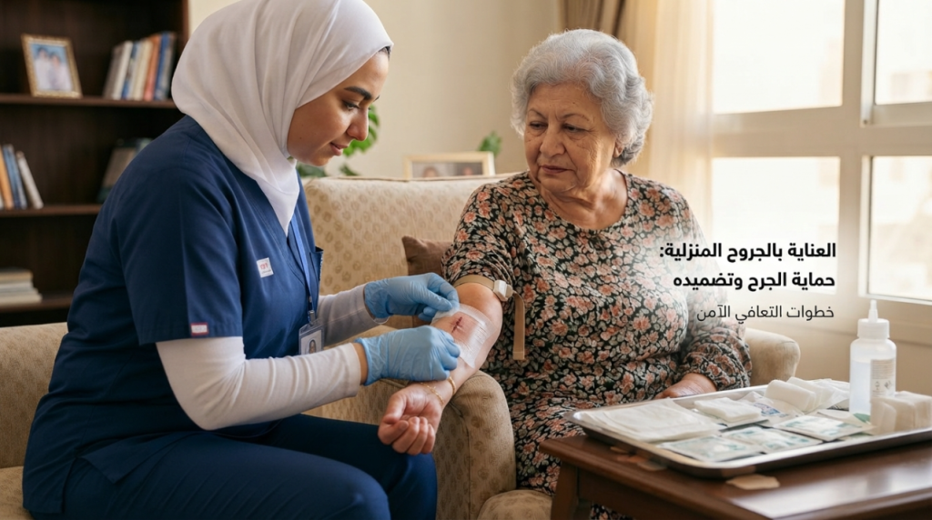 ممرضة منزلية تشرح لسيدة مسنة طريقة حماية جرح العملية أثناء الغيار - جرح العملية
