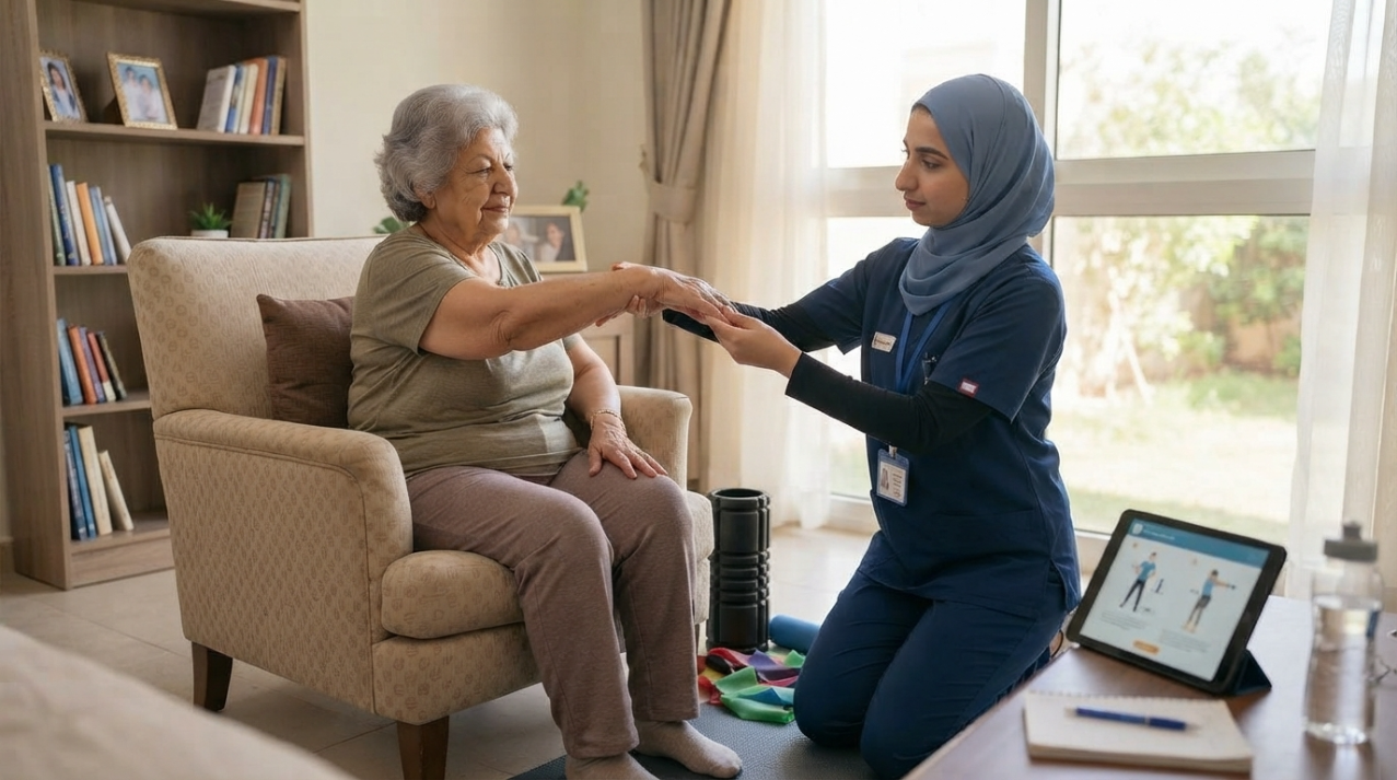 أخصائية علاج طبيعي تدرب سيدة مسنة على تمرين للذراع في البيت - جلسات العلاج الطبيعي