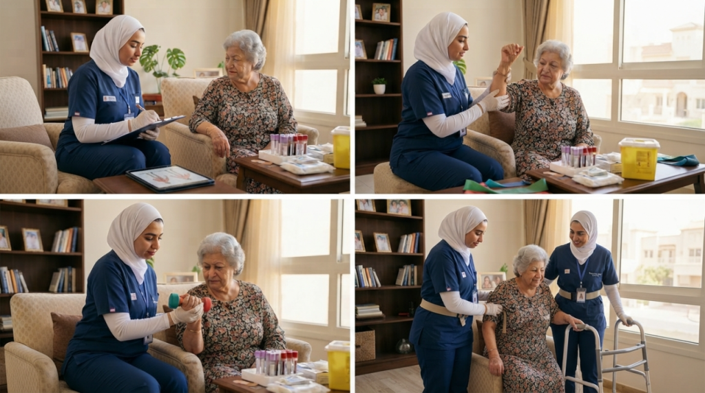 مجموعة صور لأخصائية علاج طبيعي أثناء جلسة منزلية مع سيدة مسنة - جلسات العلاج الطبيعي