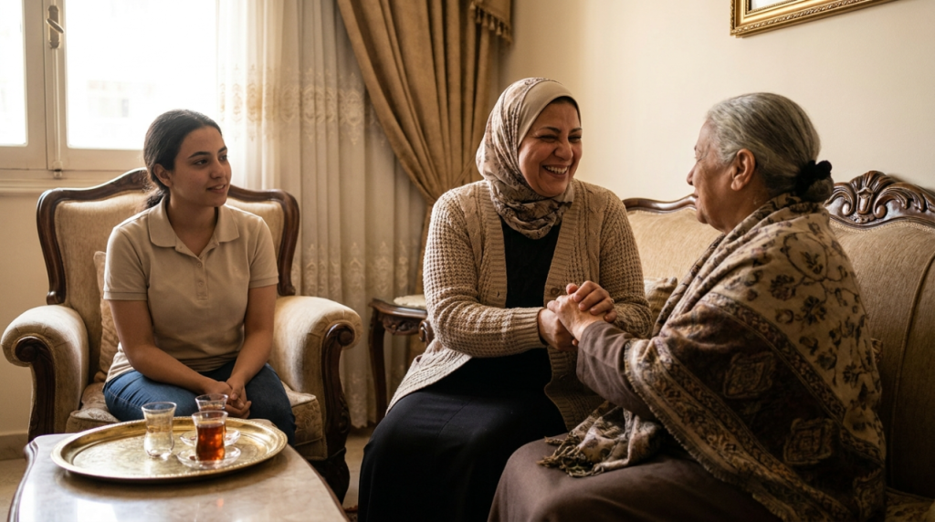 جليسة شابة تجلس مع سيدتين مسنتين في غرفة معيشة وبجانبها صينية شاي - جليسة مسنين أم ممرضة مؤهلة