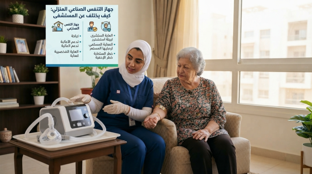 ممرضة منزلية تشرح لسيدة مسنة جهاز تنفس منزلي مع لوحة توضح الفرق عن المستشفى - جهاز تنفس صناعي منزلي