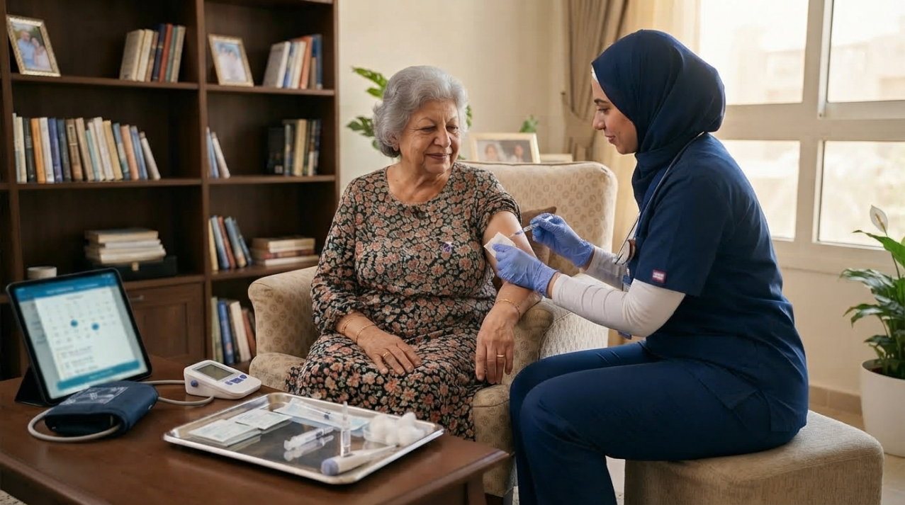 ممرضة منزلية تجهز حقنة معقمة بجانب سيدة مسنة - حقن بالبيت