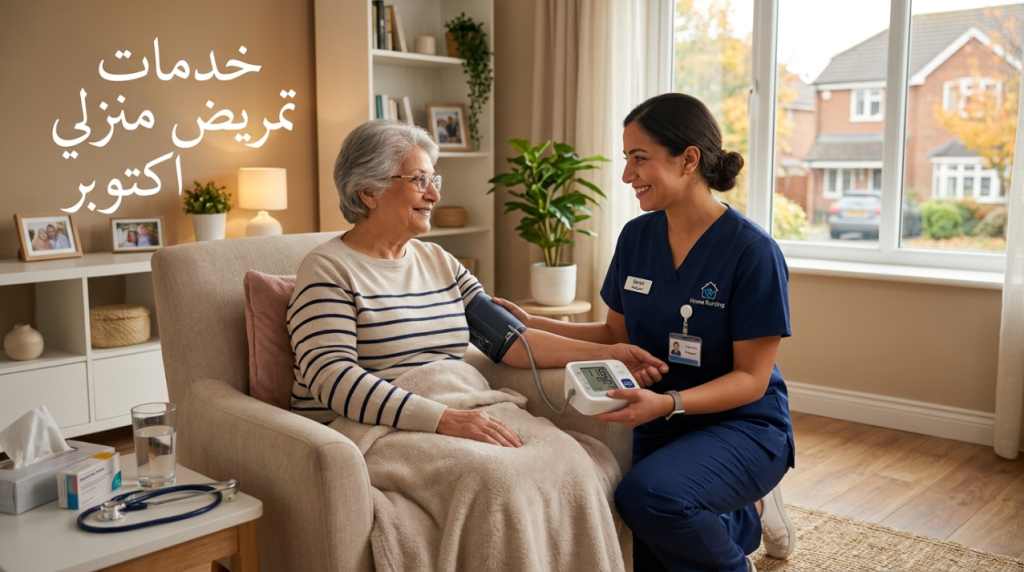 ممرضة منزلية تقيس ضغط سيدة مسنة مع عبارة خدمات تمريض منزلي اكتوبر - خدمات تمريض منزلي اكتوبر