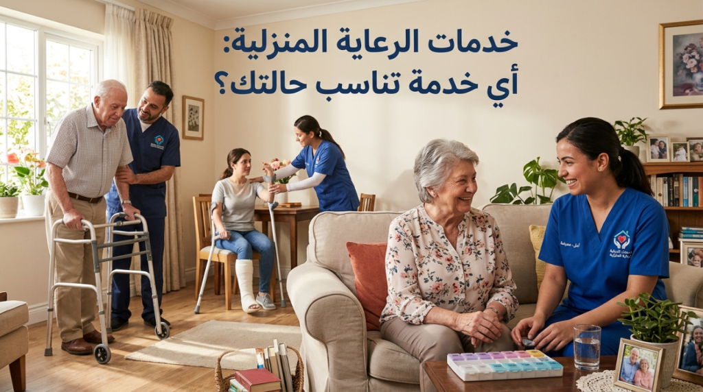 ممرضة وممرض مع كبار سن في غرفة المعيشة مع عبارة خدمات الرعاية المنزلية أي خدمة تناسب حالتك - خدمات رعاية منزلية