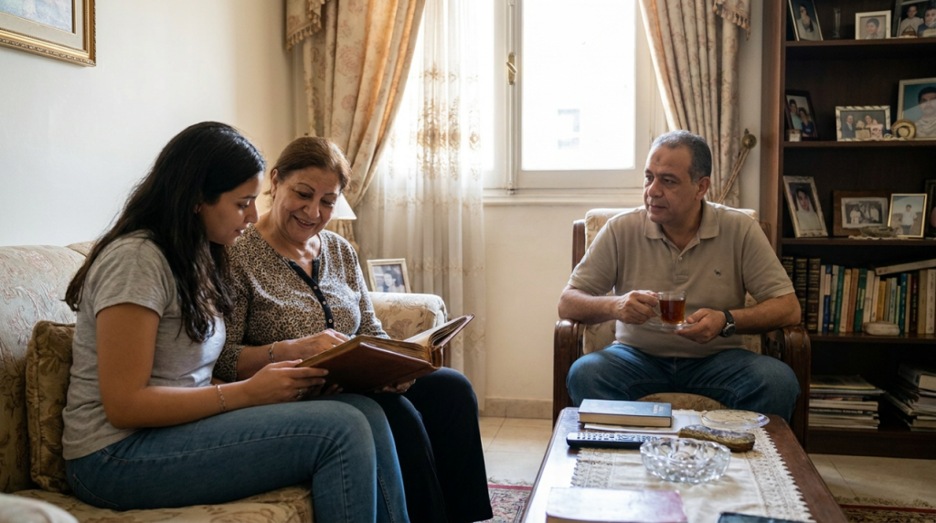 أسرة تجلس مع والدتها المسنة تتصفح ألبوم الصور في غرفة المعيشة - دار رعاية مسنين أم البيت