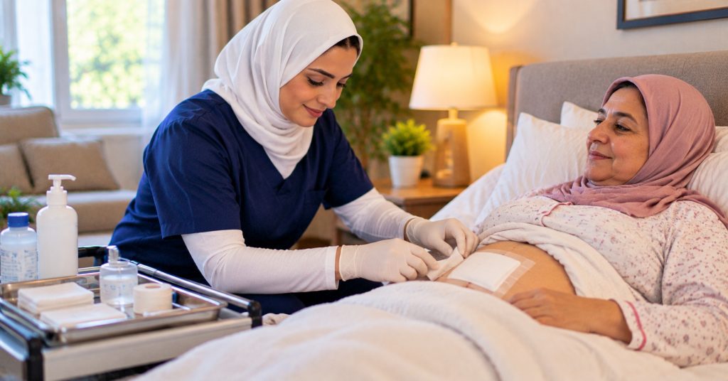 ممرضة منزلية تغير على جرح عملية لسيدة في سريرها بالبيت - رعاية المريض بعد الجراحة