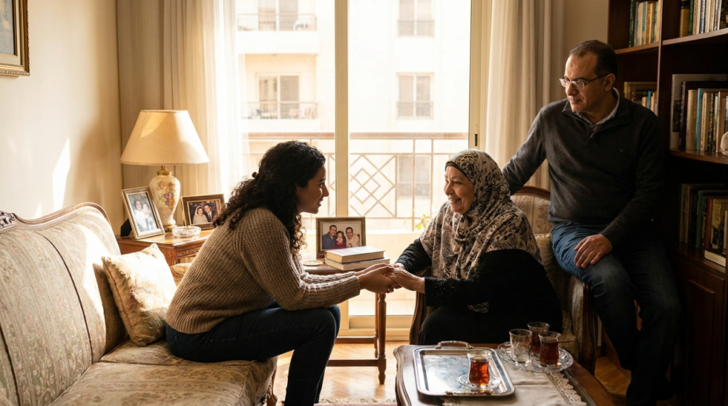 ابنة وابن يجلسان مع والدتهما المسنة في بيتها ويمسكان يدها - رعاية كبار السن متى تبدأ الأسرة