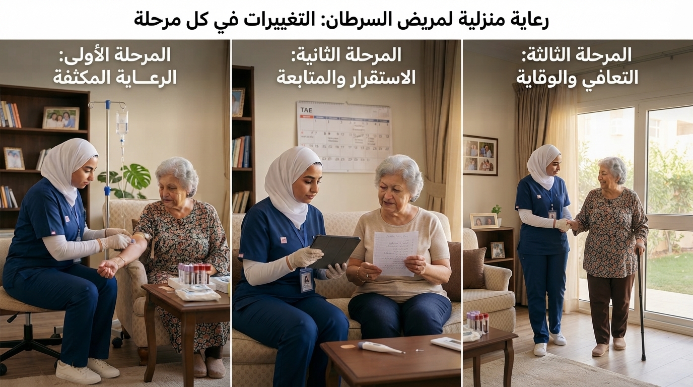 انفوجرافيك يوضح التغيرات في رعاية مريض السرطان عبر المراحل الثلاث الأولى