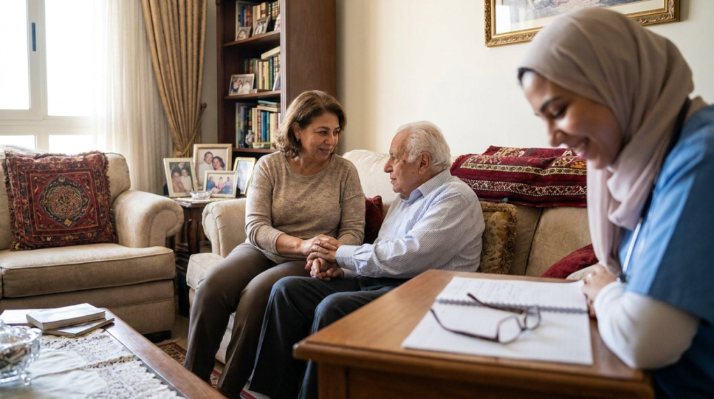 ممرضة منزلية تكتب خطة الرعاية بجانب زوجين مسنين يجلسان في غرفة المعيشة - رعاية مسنين بالمنزل ماذا تشمل