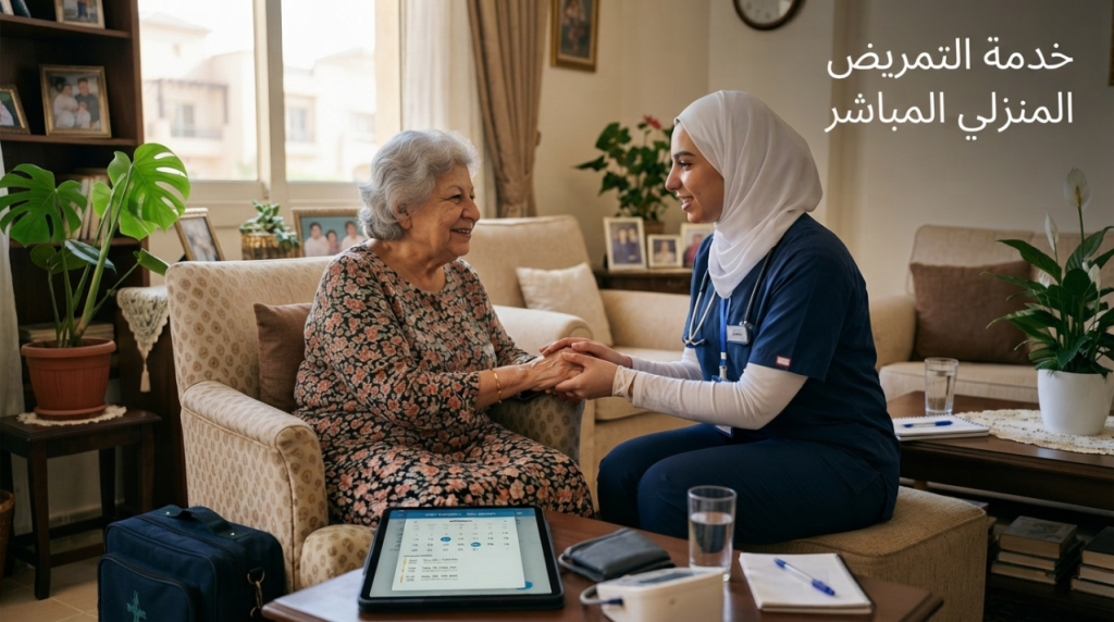 ممرضة منزلية تقيس ضغط سيدة مسنة مع عبارة خدمة التمريض المنزلي المباشر - رقم ممرضة منزلية