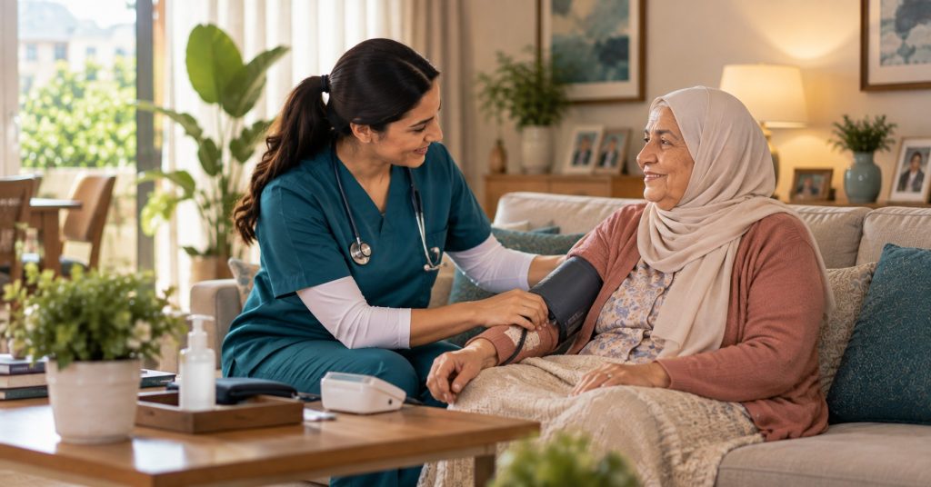 ممرضة منزلية تقيس ضغط سيدة مسنة في غرفة المعيشة - زيارة ممرضة منزلية