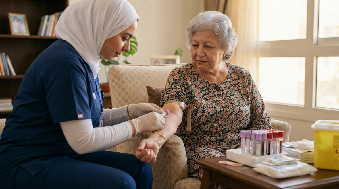 ممرضة منزلية تسحب عينة دم من ذراع سيدة مسنة وبجانبها أنابيب التحليل - سحب عينات دم من المنزل