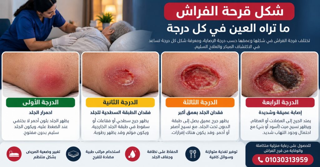 انفوجرافيك يوضح شكل قرحة الفراش في كل درجة من الأربع - شكل قرحة الفراش