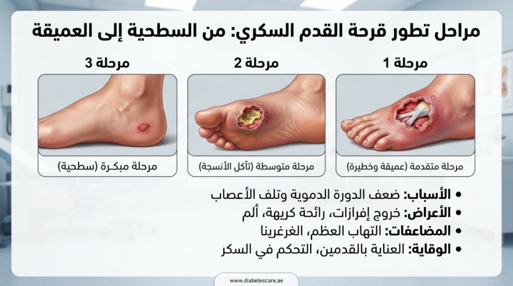انفوجرافيك مراحل تطور قرحة القدم السكري من السطحية للعميقة - شكل قرحة القدم السكري