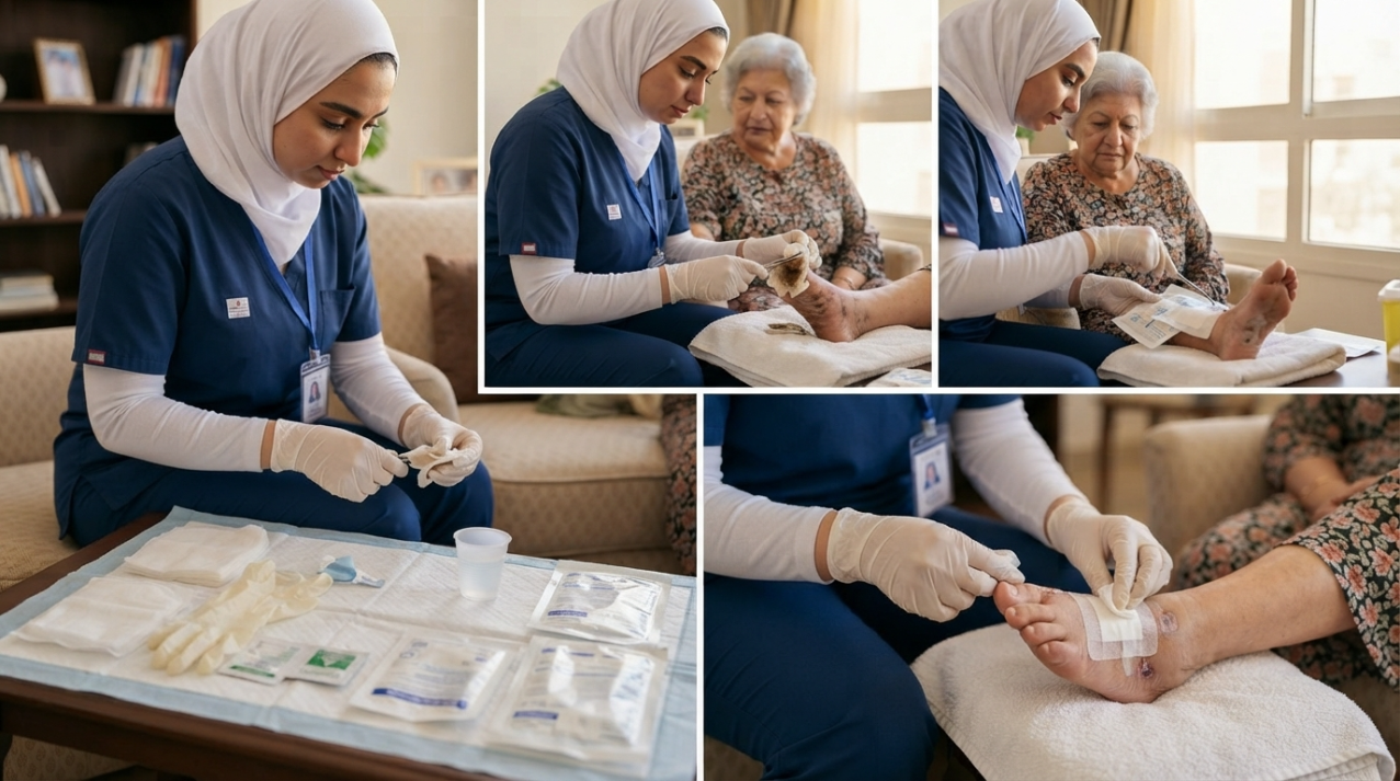 ممرضة منزلية تغير على جرح قدم سيدة مسنة مصابة بالسكري - طريقة الغيار على جرح القدم السكري
