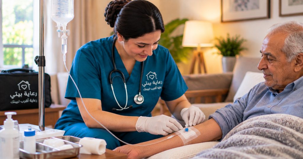 ممرضة منزلية بقفازات تركب محلولا وريديا لرجل مسن في سريره - طريقة تركيب المحلول الوريدي
