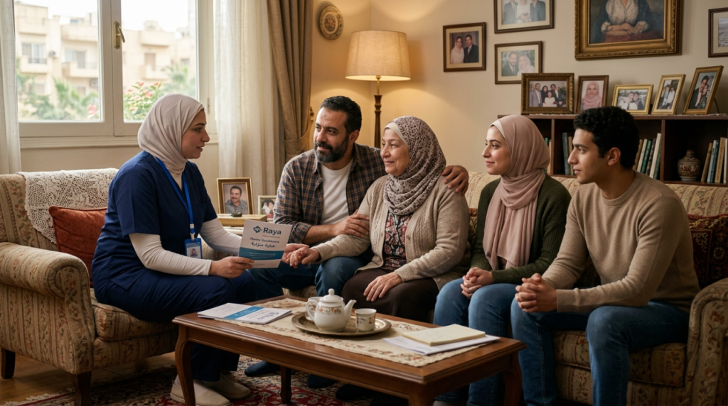 ممرضة منزلية تشرح خطة الرعاية لأسرة مجتمعة في غرفة المعيشة - طلب رعاية منزلية