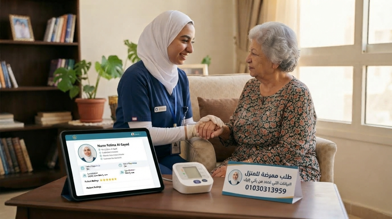ممرضة منزلية تصافح سيدة مسنة وبجانبهما بطاقة تعريف وجهاز قياس ضغط - طلب ممرضة للمنزل