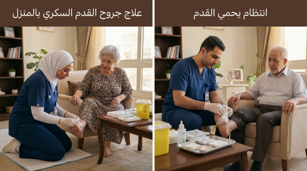 ممرضة وممرض منزليان يغيران على جروح قدم مرضى سكري في بيوتهم - علاج جروح القدم السكري بالمنزل