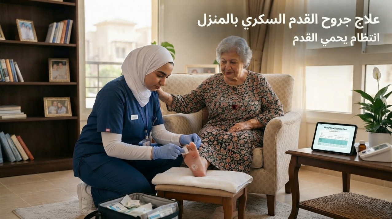 ممرضة منزلية تغير على جرح قدم سيدة مسنة مع عبارة علاج جروح القدم السكري بالمنزل - علاج جروح القدم السكري بالمنزل