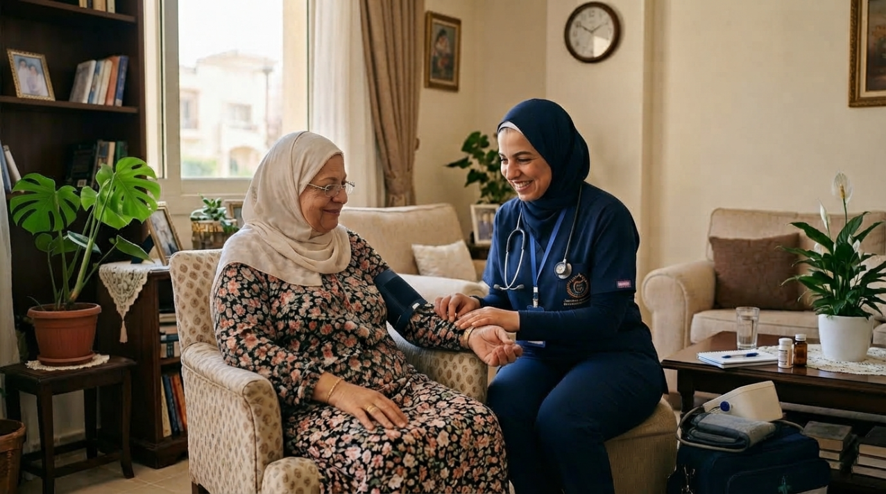 أخصائية علاج طبيعي تجلس مع سيدة مسنة قبل بدء جلسة منزلية - علاج طبيعي منزلي لكبار السن
