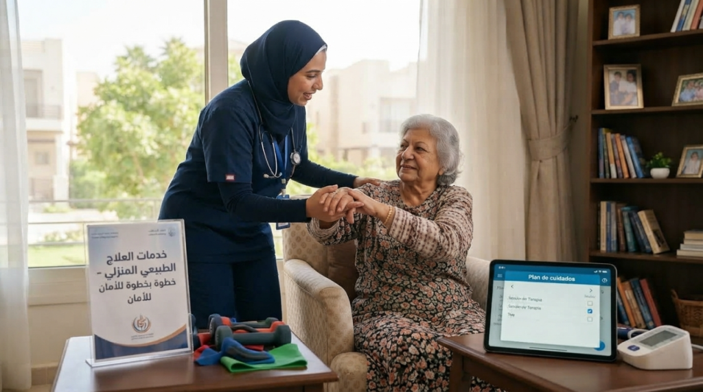 أخصائية علاج طبيعي تساعد سيدة مسنة على الوقوف بأمان في بيتها - علاج طبيعي منزلي لكبار السن
