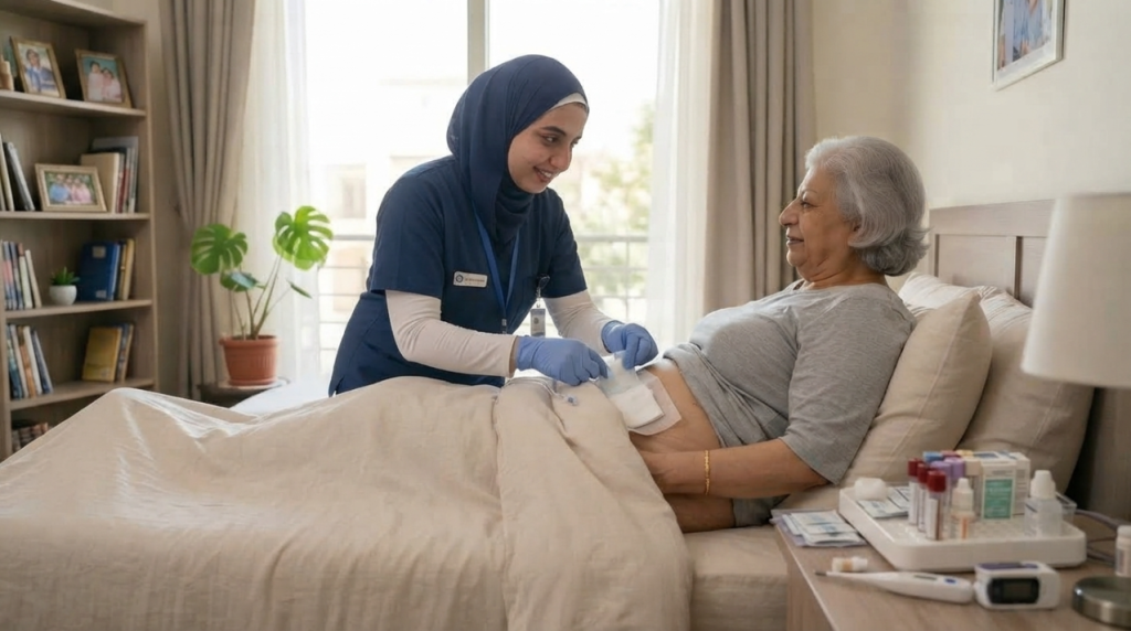 ممرضة منزلية تغير على قرحة فراش لسيدة مسنة في سريرها - علاج قرحة الفراش