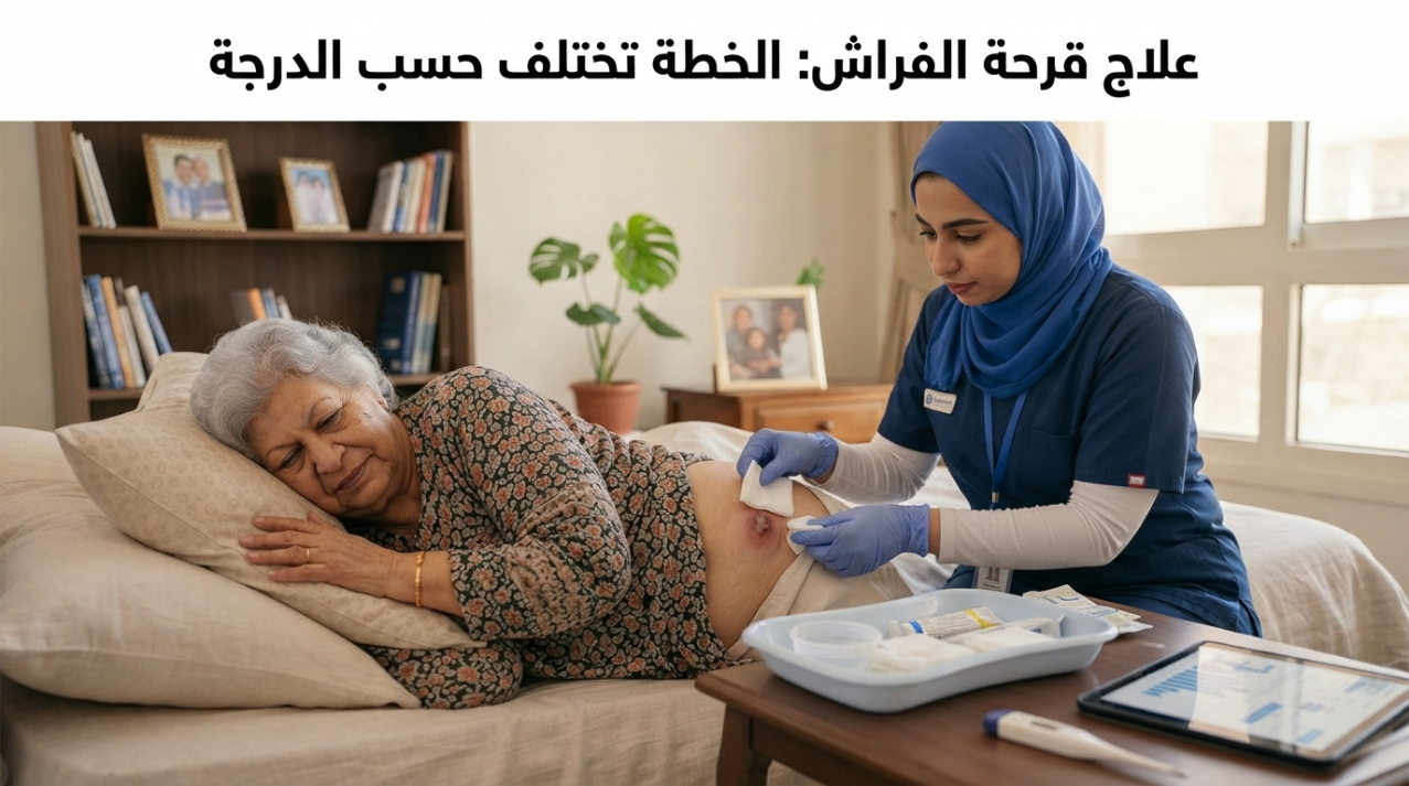 ممرضة منزلية تجهز أدوات غيار قرحة الفراش بجانب سيدة مسنة - علاج قرحة الفراش