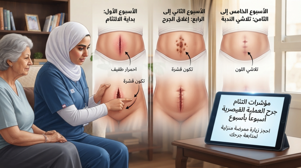 ممرضة منزلية تشرح لسيدة علامات التئام جرح القيصرية على جهاز لوحي - علامات التئام جرح العملية القيصرية