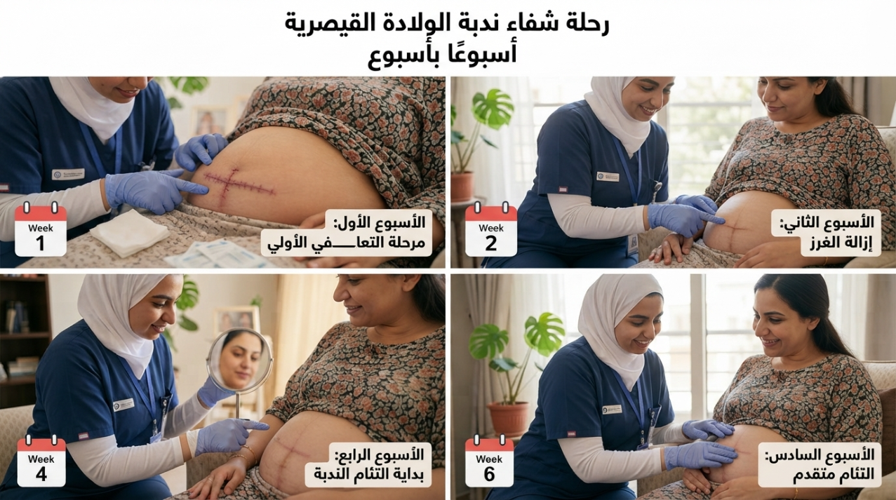 انفوجرافيك رحلة شفاء جرح الولادة القيصرية على مدار ستة أسابيع - علامات التئام جرح العملية القيصرية