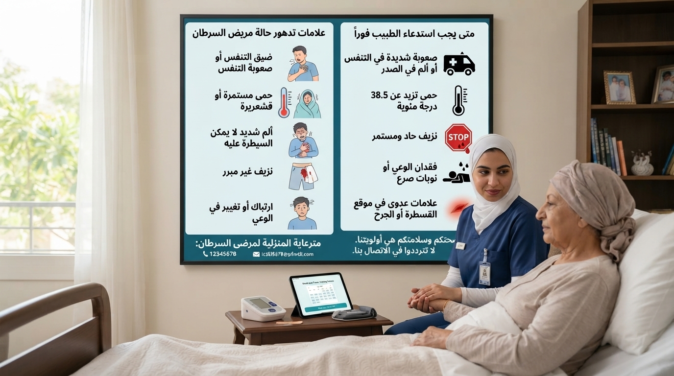 قائمة علامات تحتاج انتباها فوريا بجانب ممرضة منزلية تتابع مريضة بالسرطان