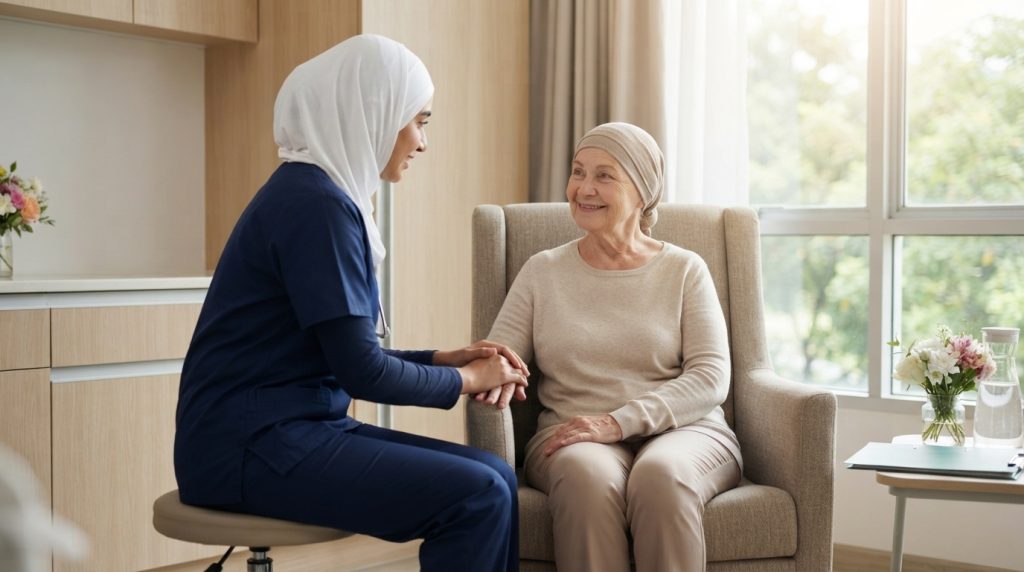 ممرضة منزلية تتحدث مع مريضة بالسرطان في غرفة معيشة مضيئة - علامات نجاح العلاج الكيماوي