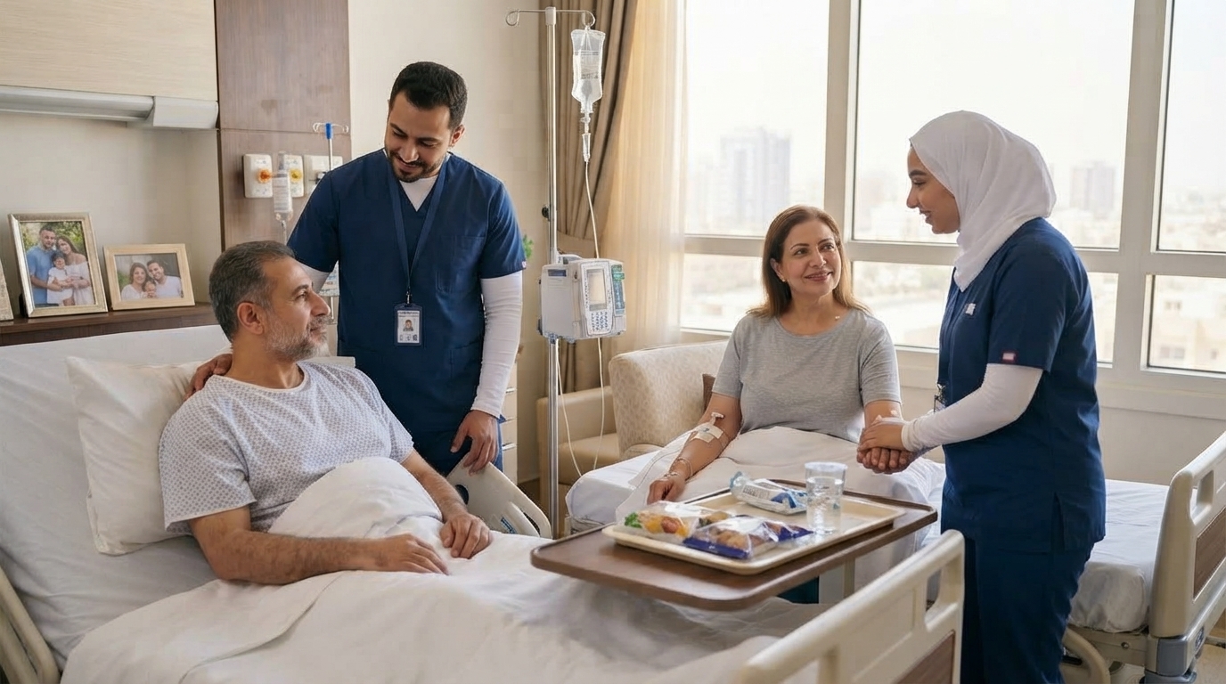ممرضة وفريق طبي يتابعون مريضا بالسرطان في غرفة العلاج بالمنزل