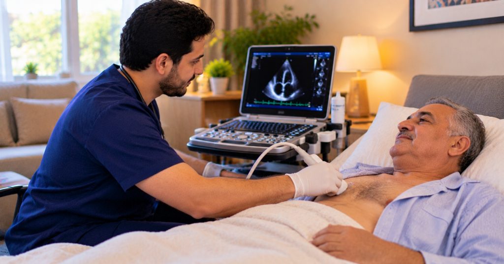 فني يجري فحص إيكو قلب لرجل مسن في سريره بالبيت - عمل ايكو قلب منزلي