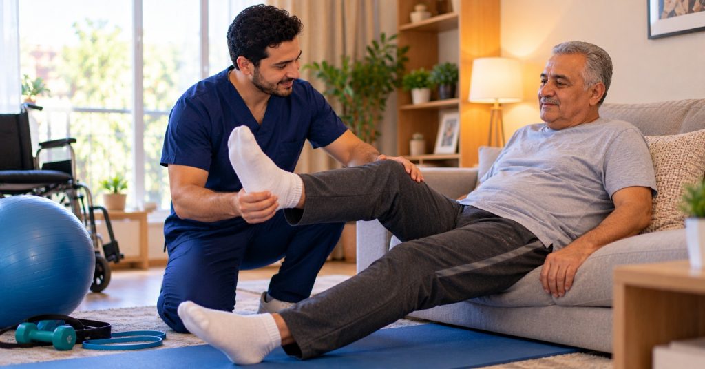 أخصائي علاج طبيعي يدرب رجلا مسنا على تمرين للساق في بيته - عمل جلسات علاج طبيعي في البيت
