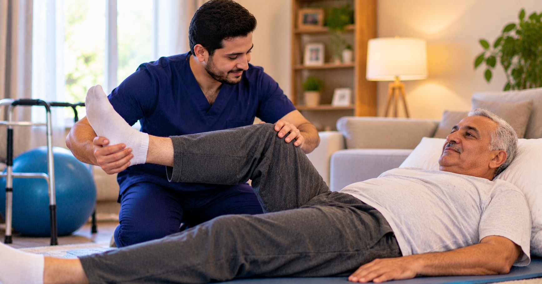 أخصائي علاج طبيعي يساعد رجلا مسنا على تمرين رفع الساق - عمل جلسات علاج طبيعي في البيت