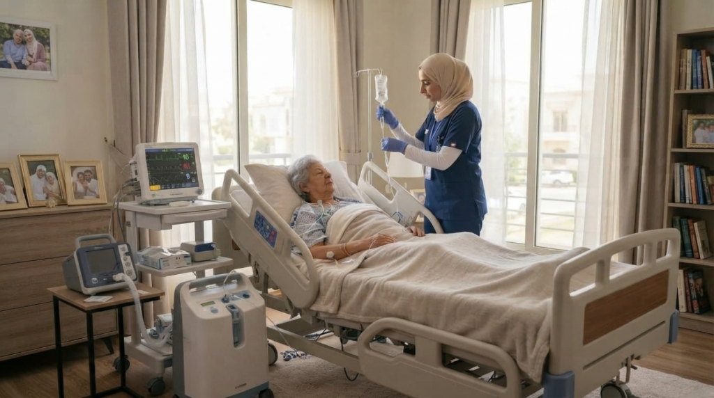 ممرضة عناية مركزة تتابع أجهزة مراقبة بجانب سيدة مسنة في سرير طبي بالبيت - عناية مركزة منزلية