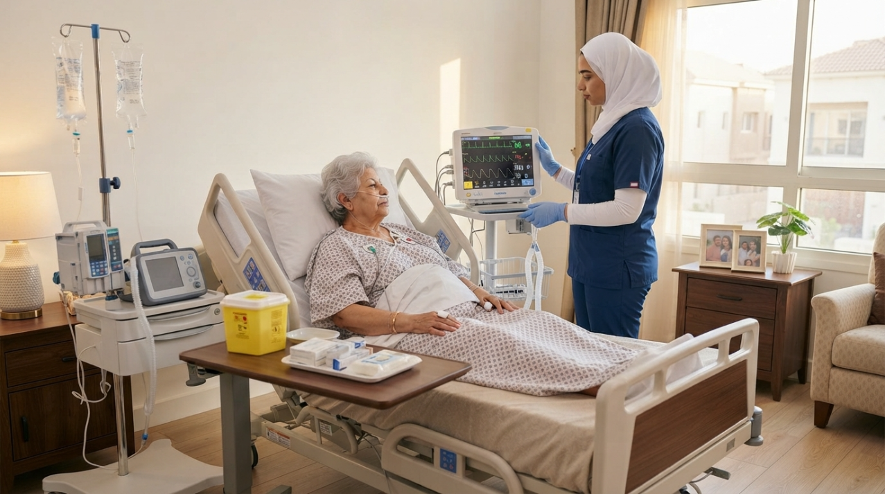 ممرضة عناية مركزة تضبط أجهزة بجانب مريضة في سرير طبي منزلي - عناية مركزة منزلية