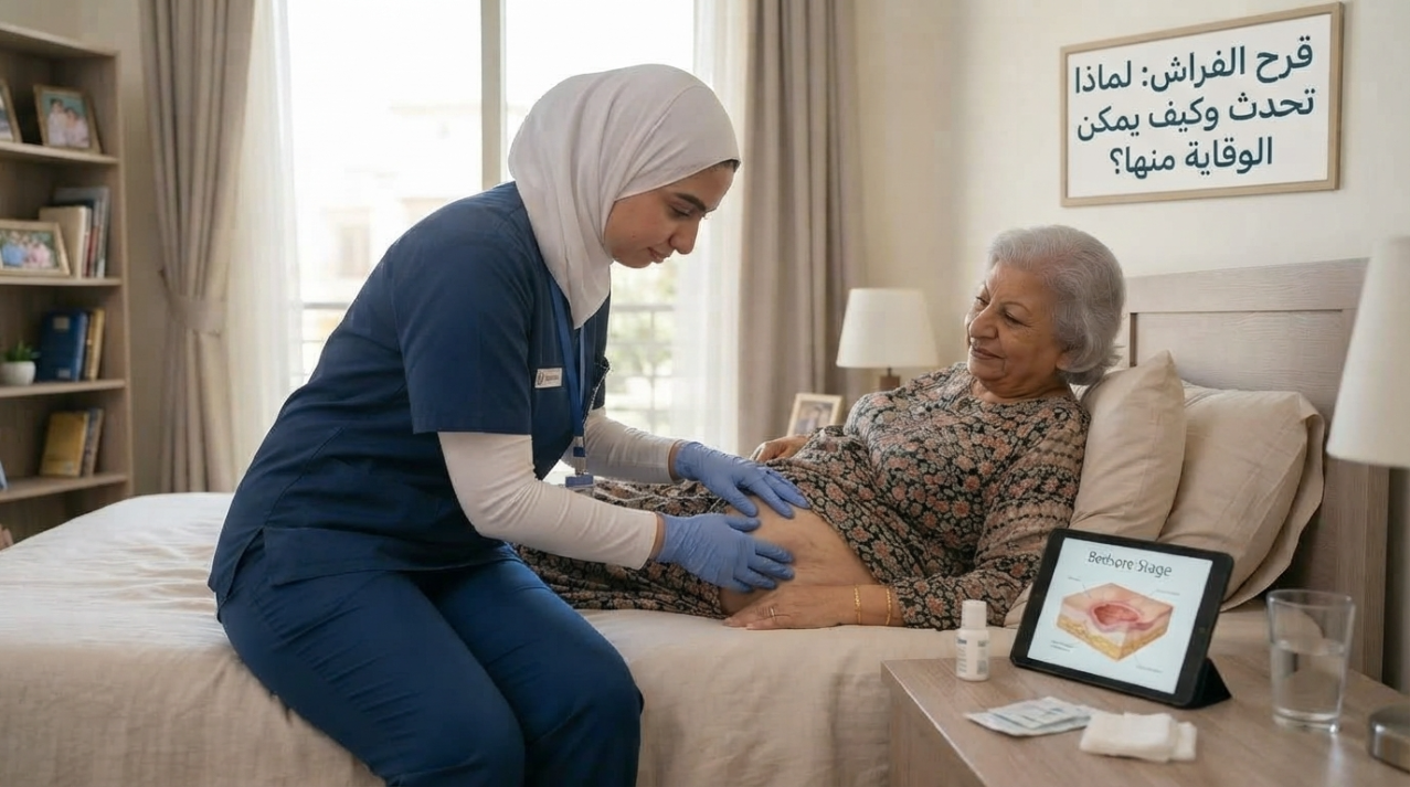 ممرضة منزلية تشرح لسيدة مسنة على جهاز لوحي كيف تمنع قرح الفراش - قرحة الفراش