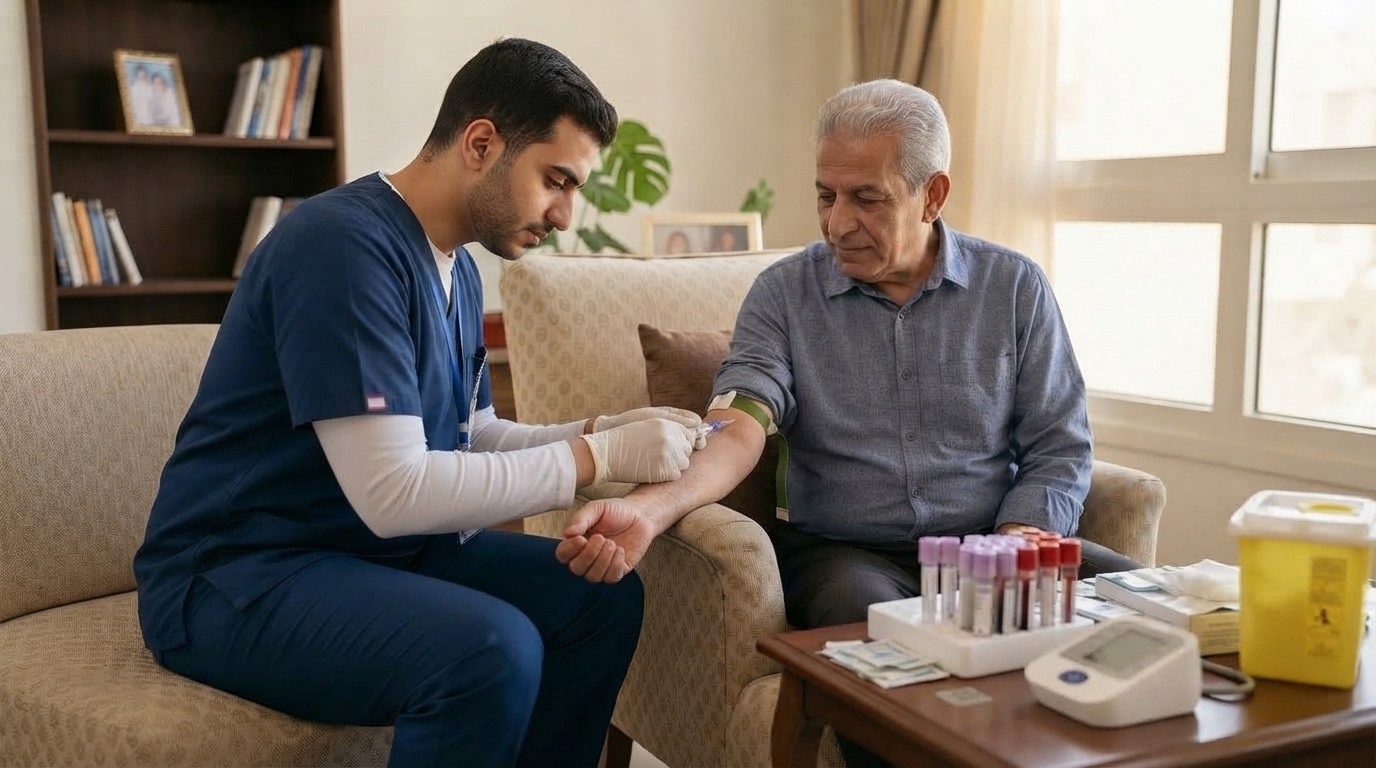 ممرضة تشرح لأسرة خطوات طلب الرعاية المنزلية لكبار السن