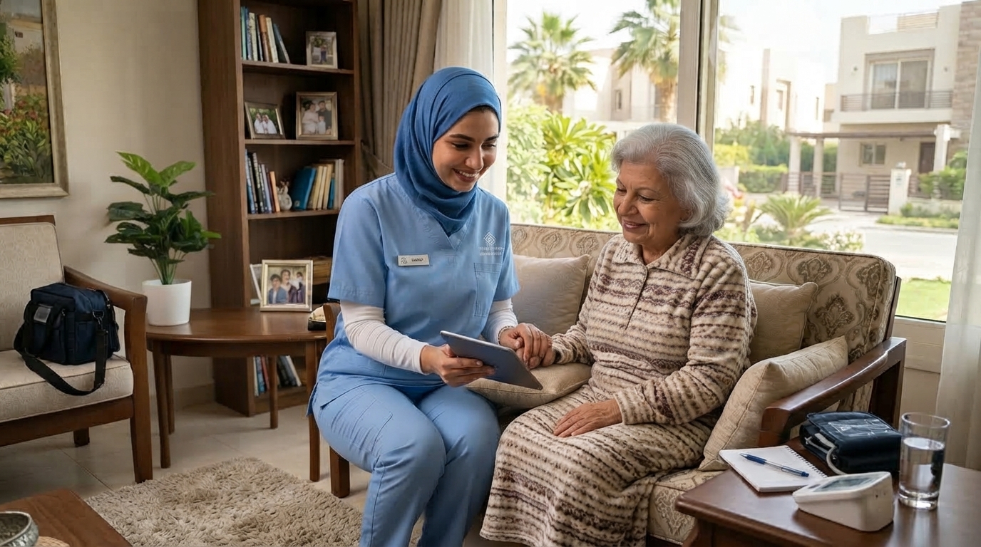 ممرضة منزلية تشرح لسيدة مسنة خطوات الطلب على جهاز لوحي داخل البيت