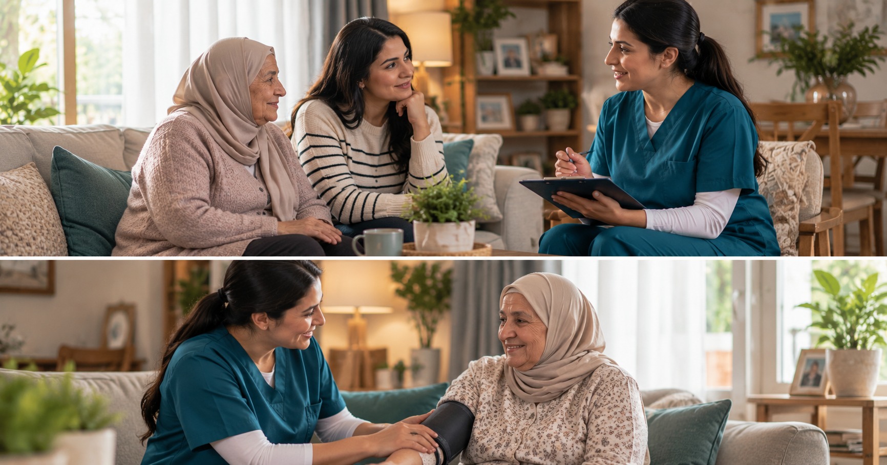 ممرضة تسجل ملاحظات مع الأسرة وتقيس ضغط سيدة مسنة - كيف احصل على ممرضة منزلية موثوقة